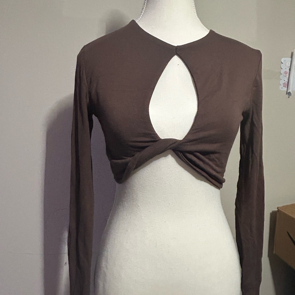 Windsor Chocolate Long Sleeve Cutout Crop Top